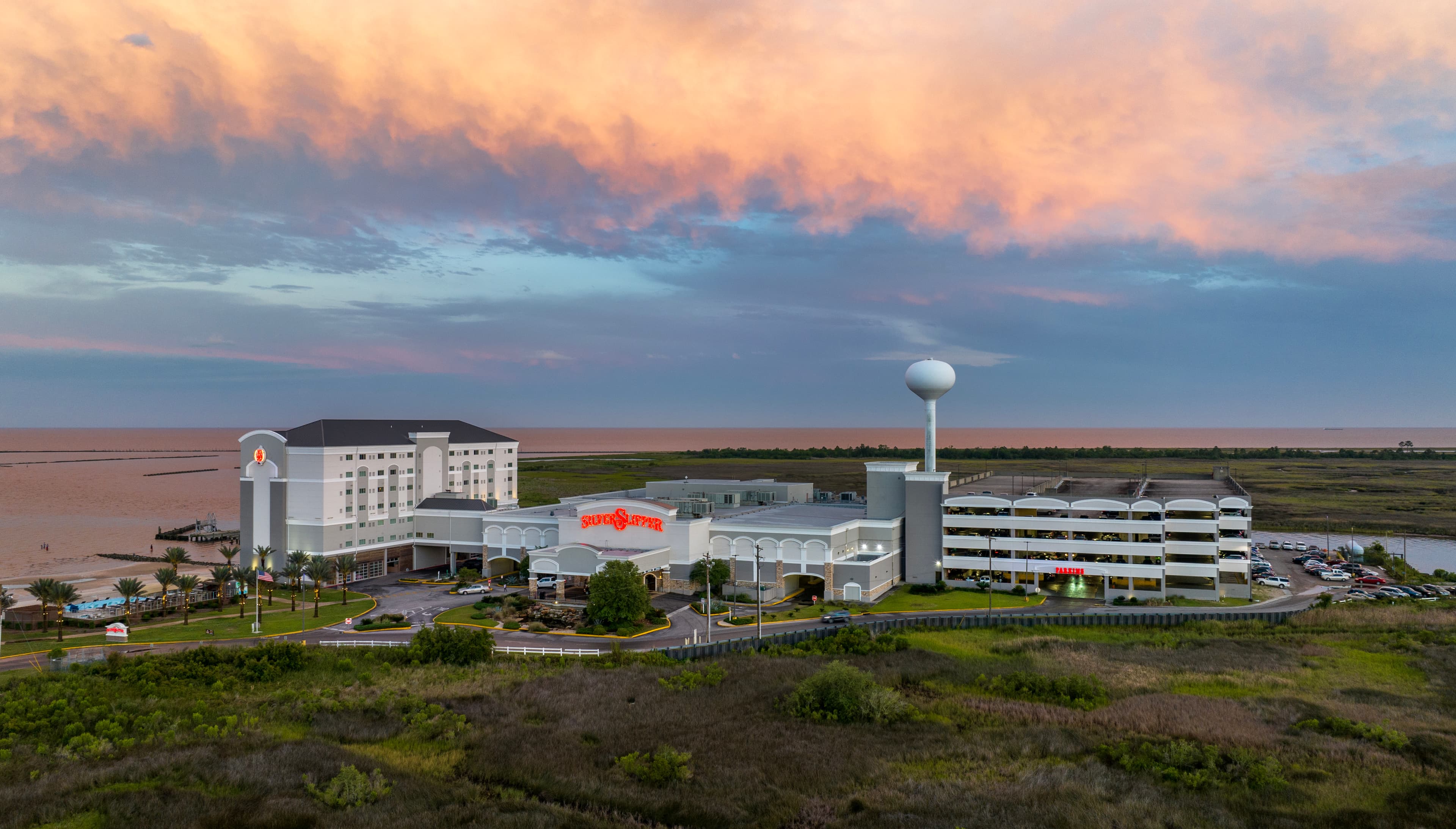 Silver Slipper Casino at dusk, next door to the park
